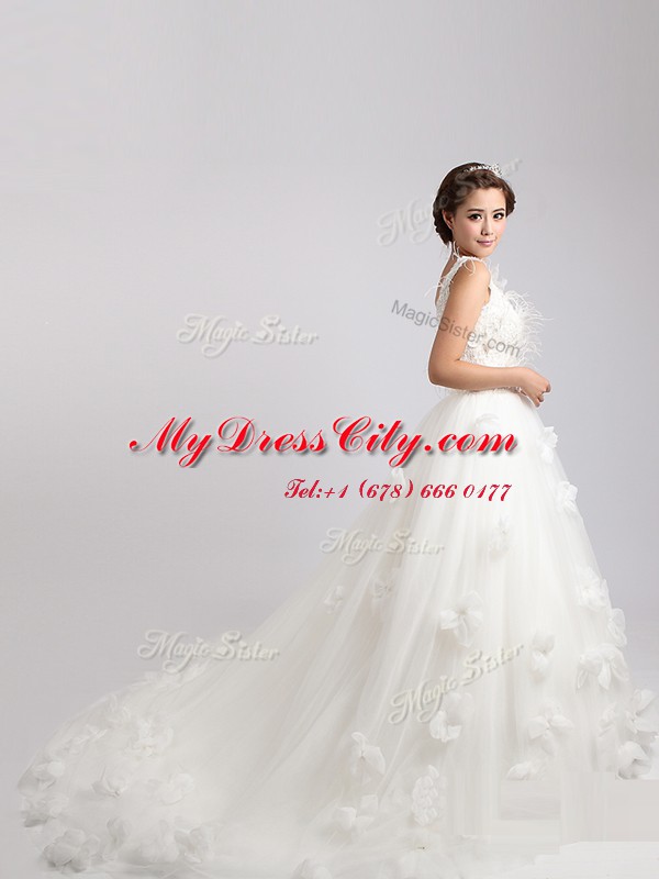 Customized Scoop White V-neck Neckline Appliques and Hand Made Flower Wedding Gowns Sleeveless Zipper