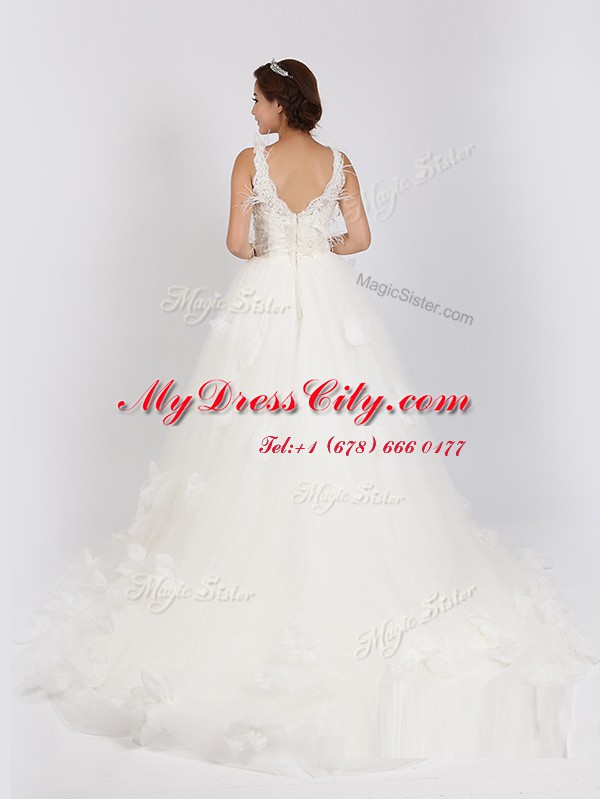 Customized Scoop White V-neck Neckline Appliques and Hand Made Flower Wedding Gowns Sleeveless Zipper