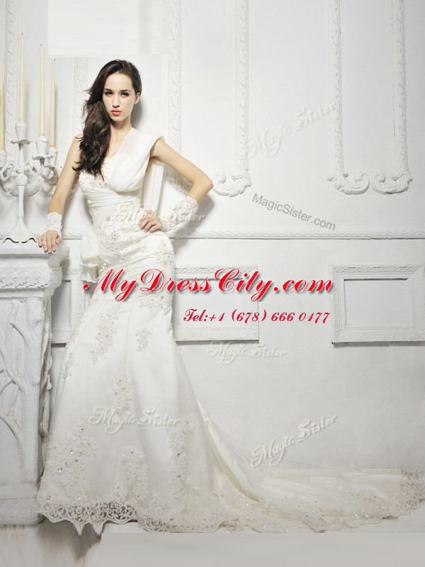 Fine One Shoulder Cap Sleeves Tulle Wedding Gowns Lace and Appliques Court Train Zipper