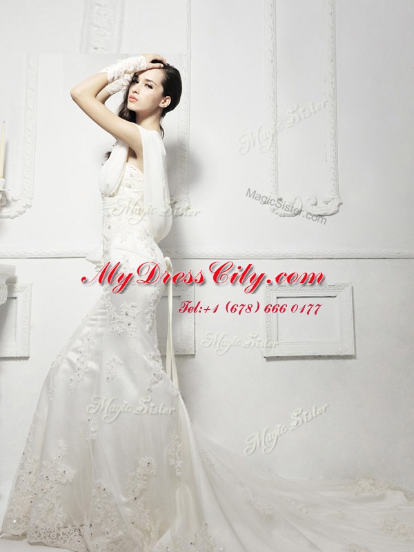 Fine One Shoulder Cap Sleeves Tulle Wedding Gowns Lace and Appliques Court Train Zipper