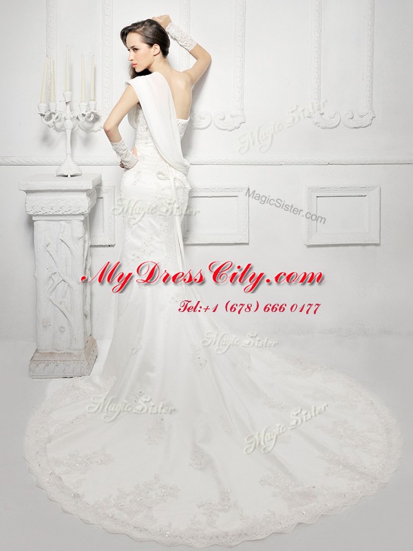 Fine One Shoulder Cap Sleeves Tulle Wedding Gowns Lace and Appliques Court Train Zipper