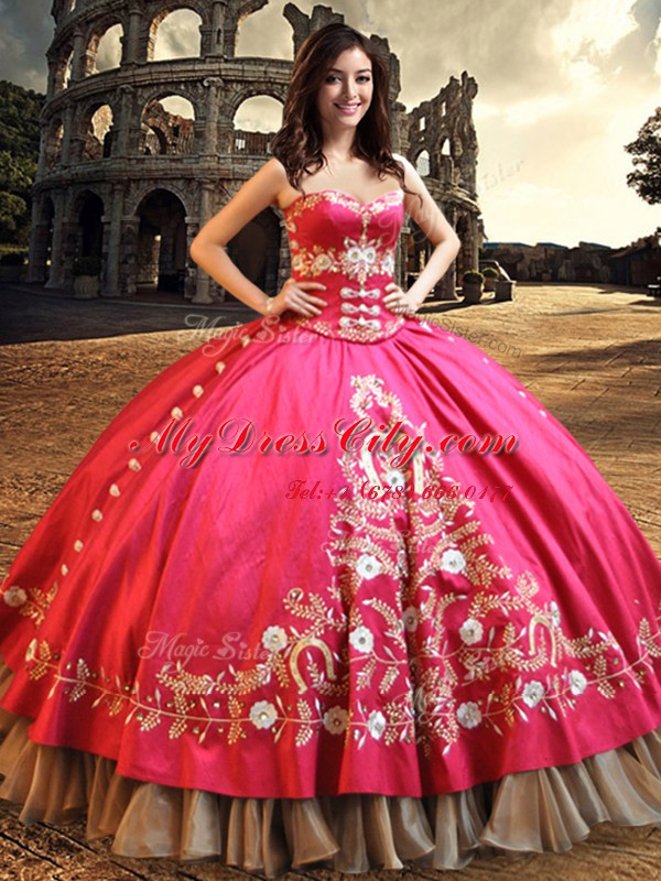 Hot Pink Ball Gowns Taffeta Sweetheart Sleeveless Beading and Embroidery Floor Length Lace Up Quinceanera Gown