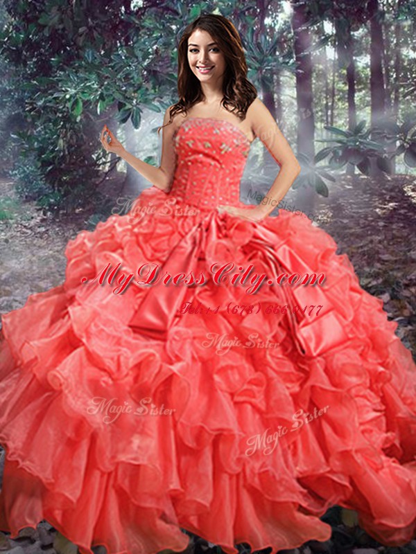 Floor Length Coral Red Quinceanera Gown Strapless Sleeveless Lace Up