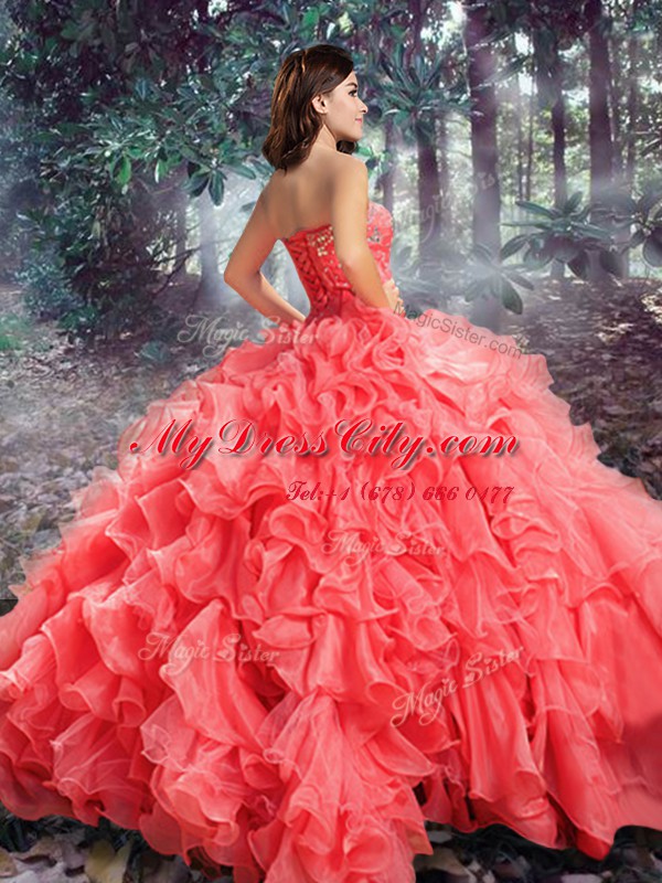 Floor Length Coral Red Quinceanera Gown Strapless Sleeveless Lace Up