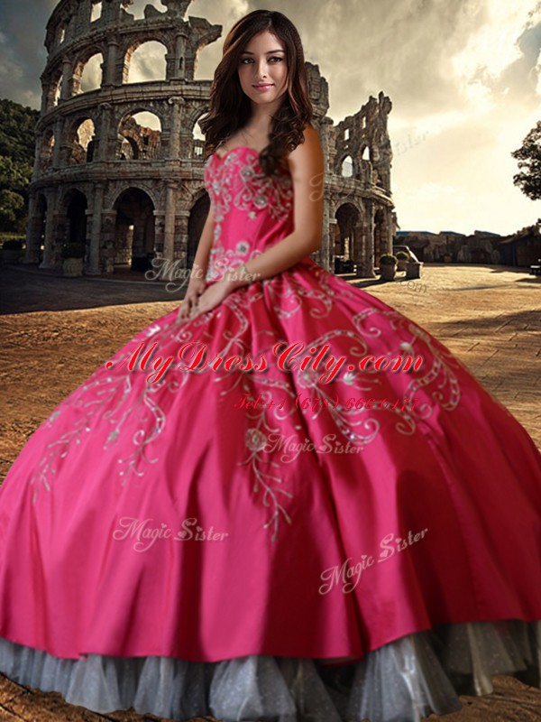 Amazing Hot Pink Ball Gowns Sweetheart Sleeveless Taffeta Floor Length Lace Up Beading and Embroidery Quinceanera Gowns