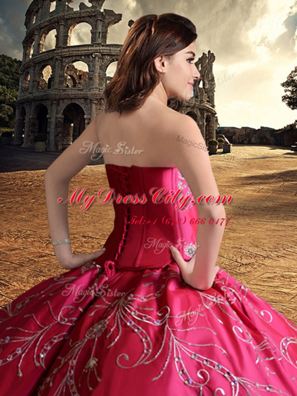 Amazing Hot Pink Ball Gowns Sweetheart Sleeveless Taffeta Floor Length Lace Up Beading and Embroidery Quinceanera Gowns