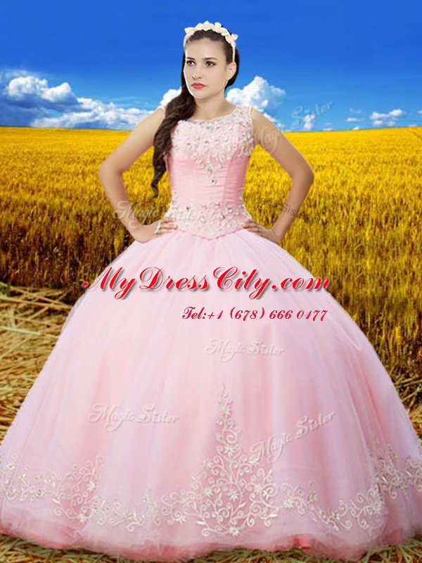 Luxurious Ball Gowns 15 Quinceanera Dress Baby Pink Scoop Tulle Sleeveless Floor Length Lace Up