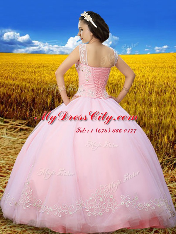 Luxurious Ball Gowns 15 Quinceanera Dress Baby Pink Scoop Tulle Sleeveless Floor Length Lace Up