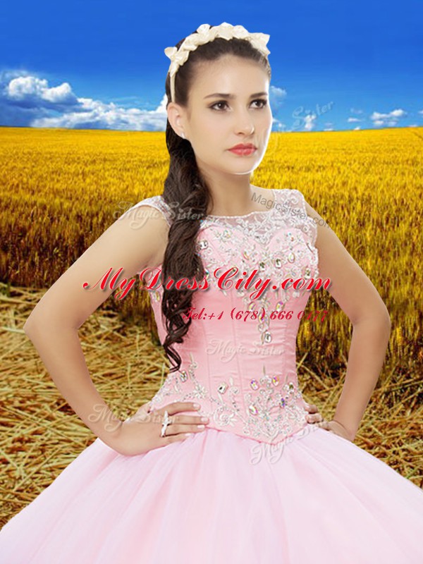 Luxurious Ball Gowns 15 Quinceanera Dress Baby Pink Scoop Tulle Sleeveless Floor Length Lace Up