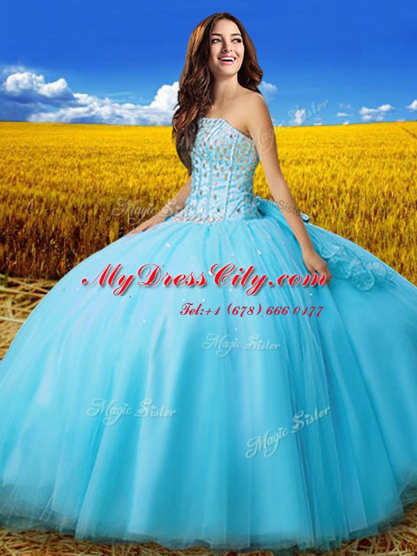 Traditional Sleeveless Floor Length Beading and Bowknot Lace Up Sweet 16 Dress with Aqua Blue