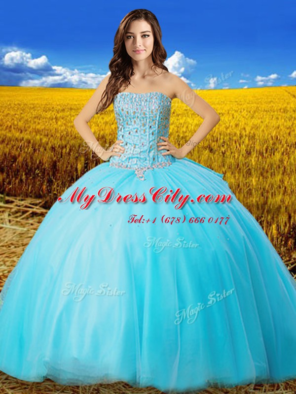 Traditional Sleeveless Floor Length Beading and Bowknot Lace Up Sweet 16 Dress with Aqua Blue