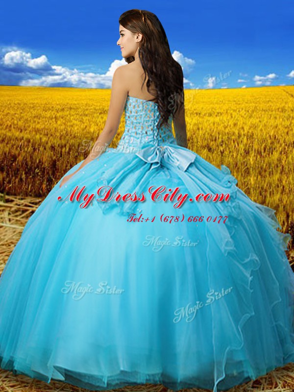 Traditional Sleeveless Floor Length Beading and Bowknot Lace Up Sweet 16 Dress with Aqua Blue