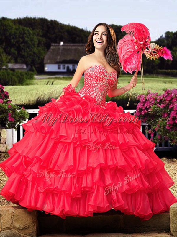 Lovely Floor Length Lace Up Quince Ball Gowns Coral Red for Military Ball and Sweet 16 and Quinceanera with Beading and Ruffled Layers