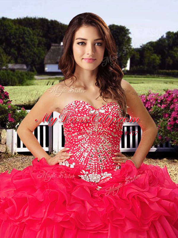 Lovely Floor Length Lace Up Quince Ball Gowns Coral Red for Military Ball and Sweet 16 and Quinceanera with Beading and Ruffled Layers