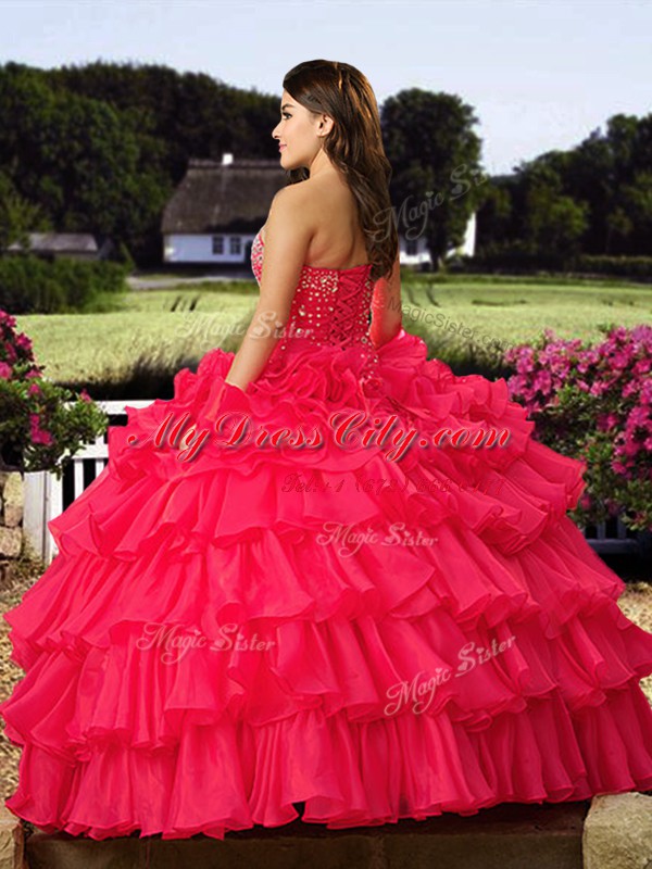 Lovely Floor Length Lace Up Quince Ball Gowns Coral Red for Military Ball and Sweet 16 and Quinceanera with Beading and Ruffled Layers