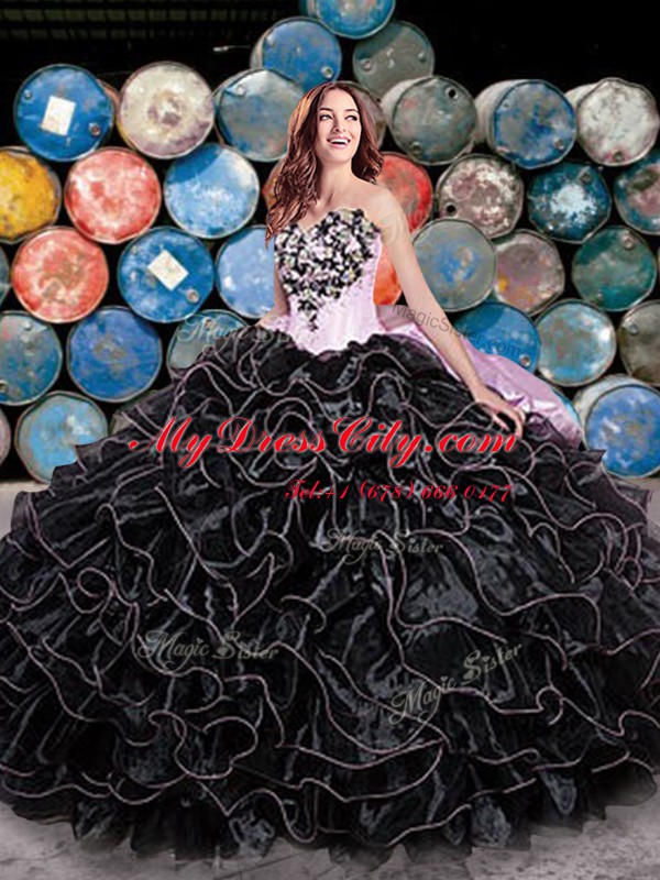 Top Selling Floor Length Black 15th Birthday Dress Organza Sleeveless Beading and Ruffles and Pick Ups