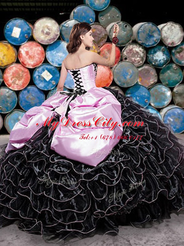 Top Selling Floor Length Black 15th Birthday Dress Organza Sleeveless Beading and Ruffles and Pick Ups