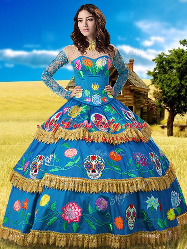 Enchanting Long Sleeves Floor Length Lace and Embroidery Lace Up 15th Birthday Dress with Blue