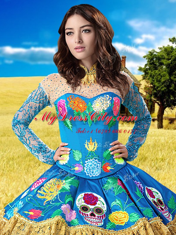 Enchanting Long Sleeves Floor Length Lace and Embroidery Lace Up 15th Birthday Dress with Blue