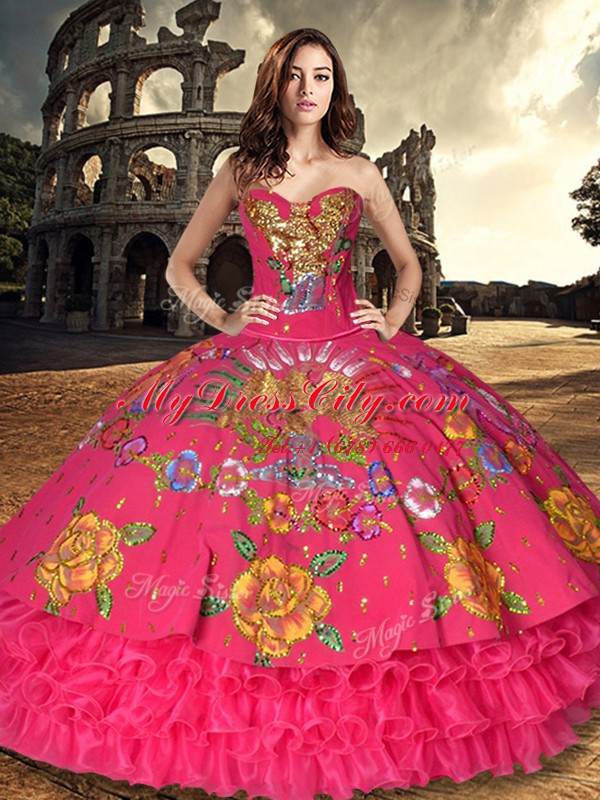 Red Sleeveless Floor Length Embroidery and Ruffled Layers Lace Up 15 Quinceanera Dress