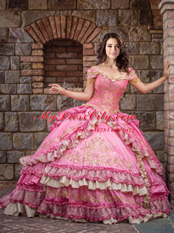 Rose Pink 15 Quinceanera Dress Military Ball and Sweet 16 and Quinceanera and For with Beading and Embroidery and Ruffled Layers Off The Shoulder Sleeveless Lace Up