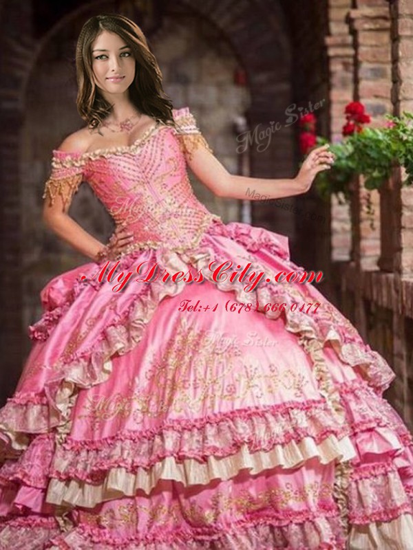 Rose Pink 15 Quinceanera Dress Military Ball and Sweet 16 and Quinceanera and For with Beading and Embroidery and Ruffled Layers Off The Shoulder Sleeveless Lace Up