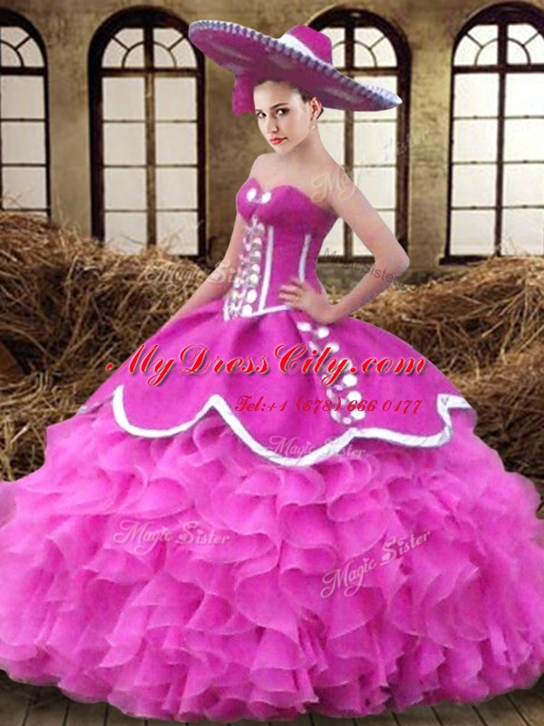 Fuchsia Sleeveless Organza Lace Up Quince Ball Gowns for Military Ball and Sweet 16 and Quinceanera