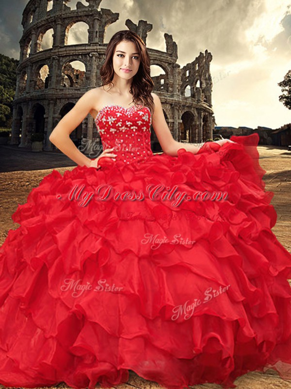 Pretty Red Sleeveless Beading and Ruffles Floor Length 15 Quinceanera Dress