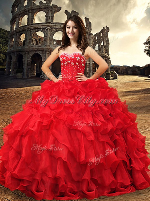 Pretty Red Sleeveless Beading and Ruffles Floor Length 15 Quinceanera Dress