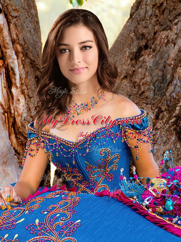 Most Popular Off the Shoulder Blue Taffeta Lace Up Sweet 16 Quinceanera Dress Sleeveless Floor Length Beading and Embroidery