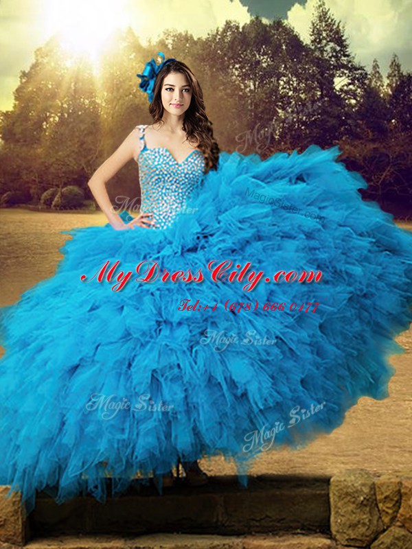 Baby Blue 15th Birthday Dress Military Ball and Sweet 16 and Quinceanera and For with Beading and Ruffles Straps Sleeveless Lace Up