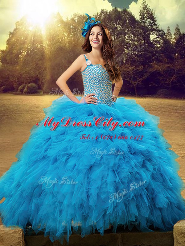 Baby Blue 15th Birthday Dress Military Ball and Sweet 16 and Quinceanera and For with Beading and Ruffles Straps Sleeveless Lace Up