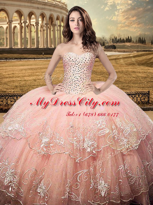 Peach Quinceanera Gowns Military Ball and Sweet 16 and Quinceanera and For with Beading and Embroidery Sweetheart Sleeveless Lace Up