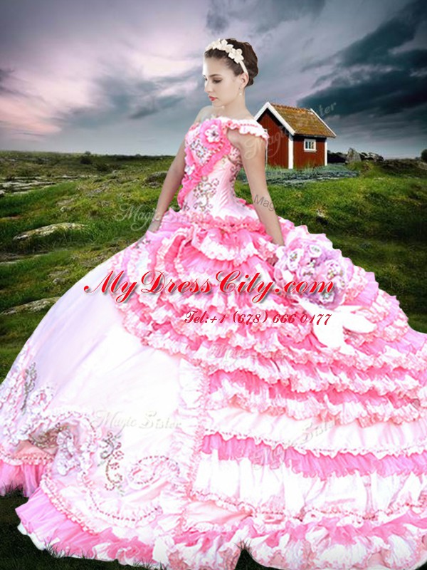 Clearance One Shoulder Pink And White Ball Gowns Beading and Embroidery and Ruffled Layers Sweet 16 Quinceanera Dress Lace Up Organza and Taffeta Sleeveless Floor Length