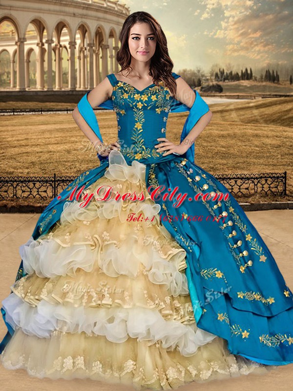 Artistic Multi-color Organza and Taffeta Lace Up Off The Shoulder Sleeveless Floor Length Sweet 16 Quinceanera Dress Appliques and Embroidery and Ruffled Layers