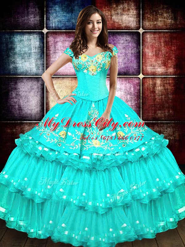 Ruffled Floor Length Turquoise Vestidos de Quinceanera Off The Shoulder Sleeveless Lace Up