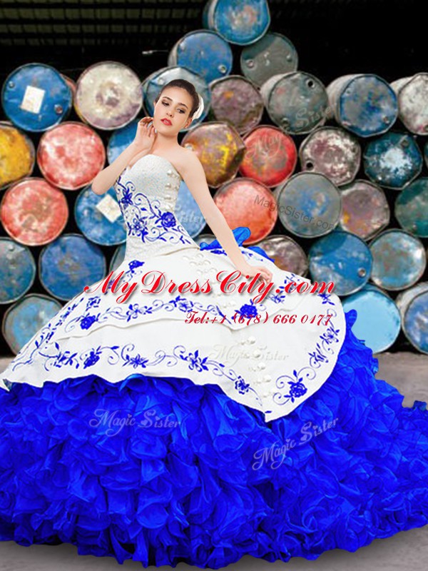 Sweetheart Sleeveless Quinceanera Gowns With Brush Train Embroidery and Ruffles White and Blue Organza and Taffeta