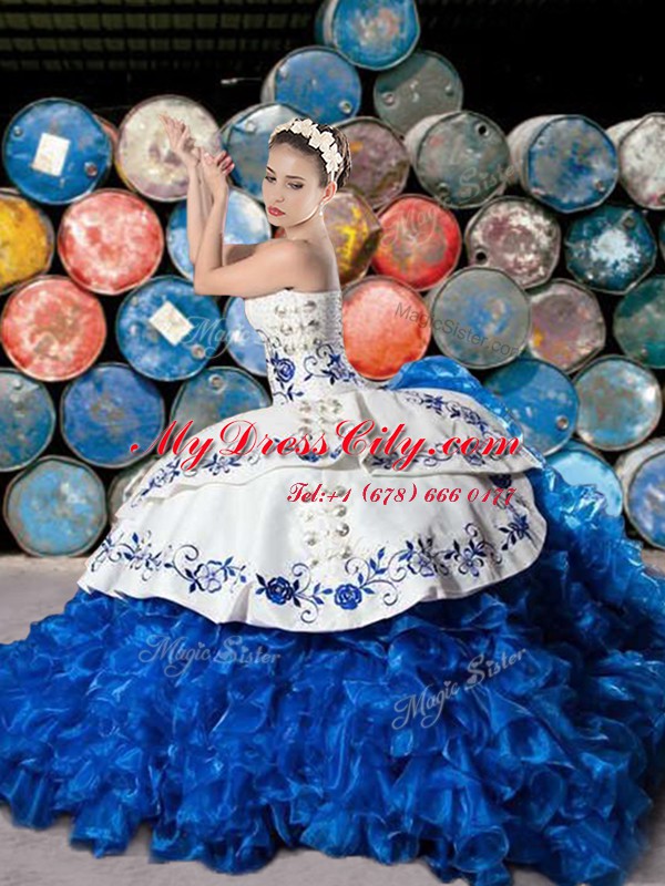 Sweetheart Sleeveless Quinceanera Gowns With Brush Train Embroidery and Ruffles White and Blue Organza and Taffeta