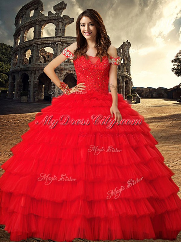 Luxurious Off the Shoulder Red Ball Gowns Beading and Ruffled Layers Quinceanera Dress Lace Up Tulle Sleeveless With Train