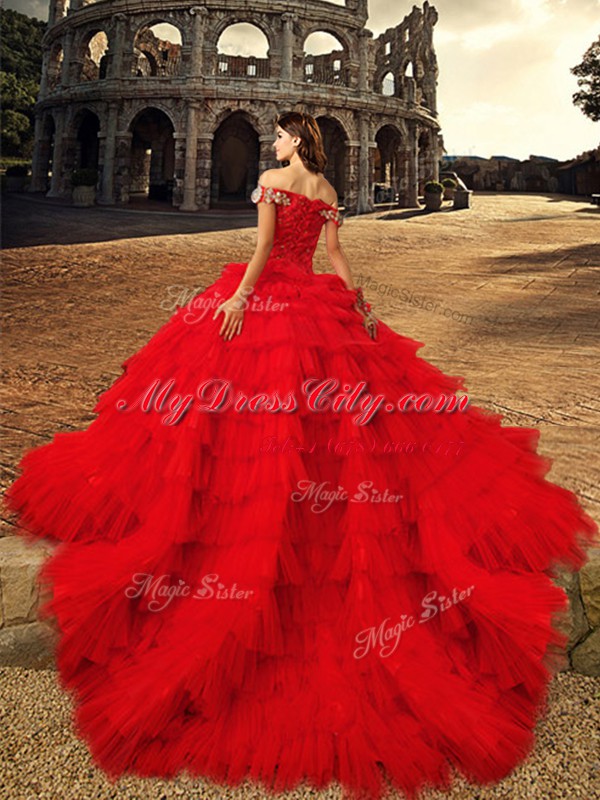 Luxurious Off the Shoulder Red Ball Gowns Beading and Ruffled Layers Quinceanera Dress Lace Up Tulle Sleeveless With Train