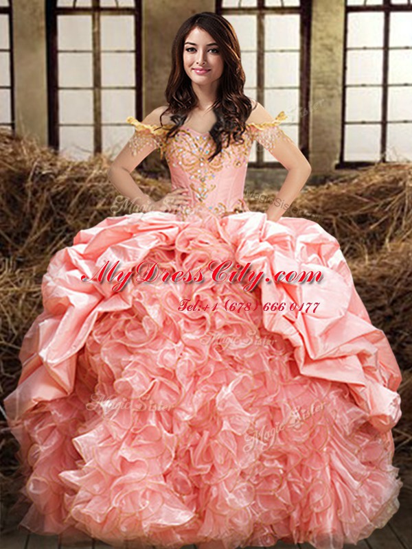 Hot Sale Off The Shoulder Sleeveless Organza and Taffeta Quinceanera Gowns Beading and Ruffles and Pick Ups Lace Up