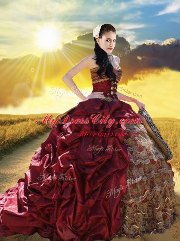 Custom Made With Train Lace Up Quinceanera Gowns Burgundy for Military Ball and Sweet 16 and Quinceanera with Beading and Ruffled Layers and Pick Ups Court Train