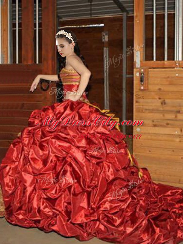 Custom Made With Train Lace Up Quinceanera Gowns Burgundy for Military Ball and Sweet 16 and Quinceanera with Beading and Ruffled Layers and Pick Ups Court Train