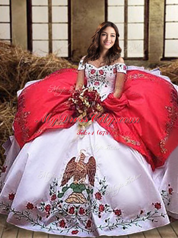 Off the Shoulder Sleeveless Organza and Taffeta Lace Up Quince Ball Gowns in White And Red with Embroidery and Ruffled Layers