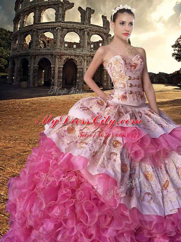 Affordable Sweetheart Sleeveless Court Train Lace Up Quinceanera Gowns Pink And White Organza