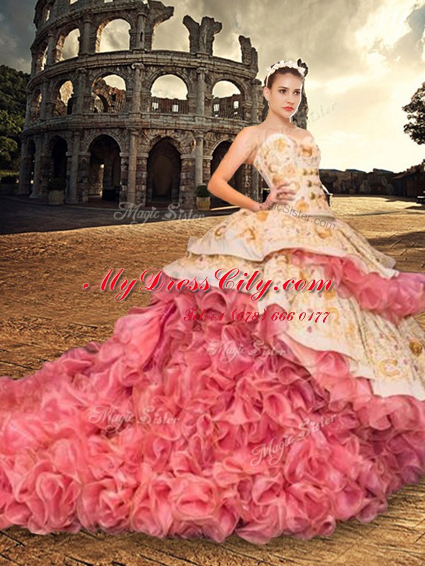 Affordable Sweetheart Sleeveless Court Train Lace Up Quinceanera Gowns Pink And White Organza