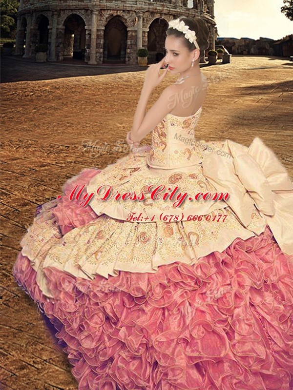 Affordable Sweetheart Sleeveless Court Train Lace Up Quinceanera Gowns Pink And White Organza