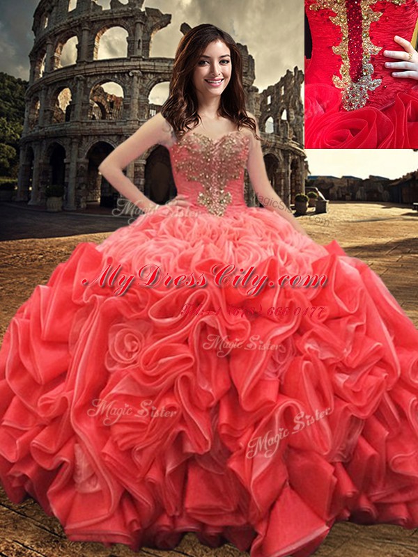 Luxurious Ball Gowns Quinceanera Dresses Red Sweetheart Fabric With Rolling Flowers Sleeveless Floor Length Lace Up