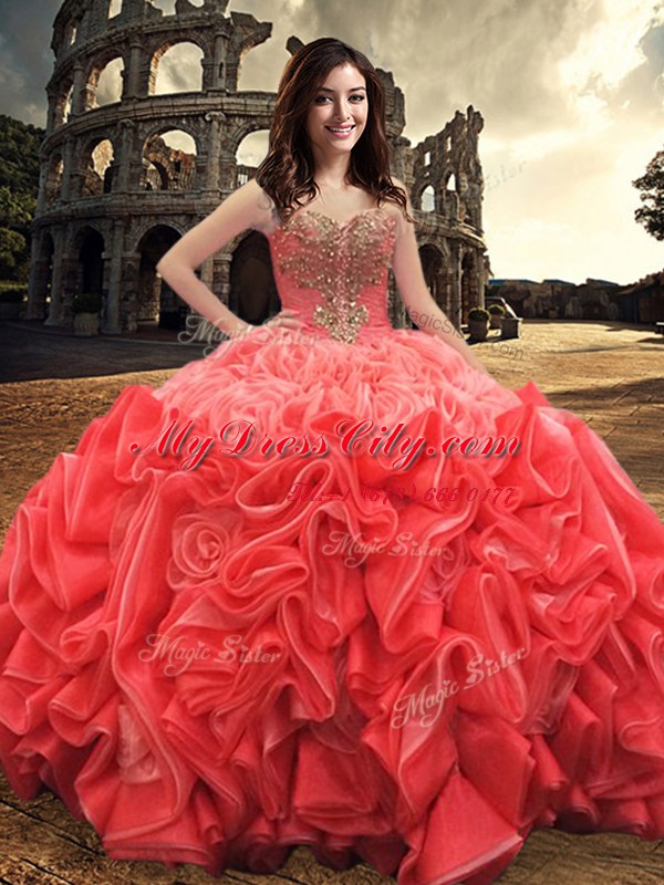 Luxurious Ball Gowns Quinceanera Dresses Red Sweetheart Fabric With Rolling Flowers Sleeveless Floor Length Lace Up