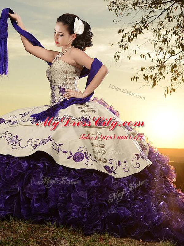 Adorable Sleeveless Brush Train Embroidery and Ruffles Lace Up Sweet 16 Dress